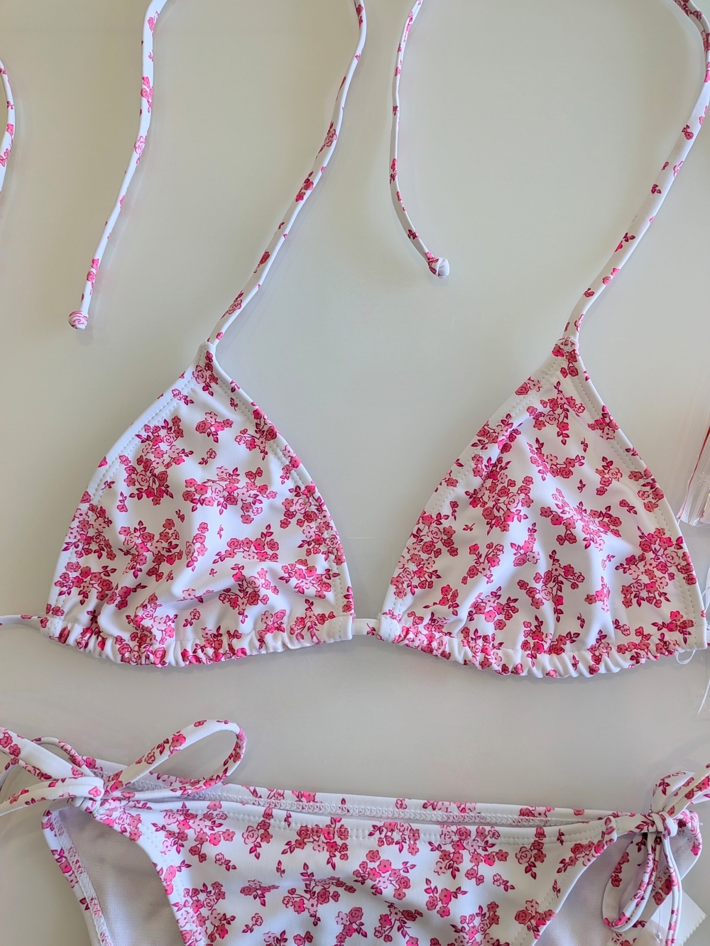 Floral Pink White String Bikini 3 Piece Set with Matching Headband New - Picture 7 of 11